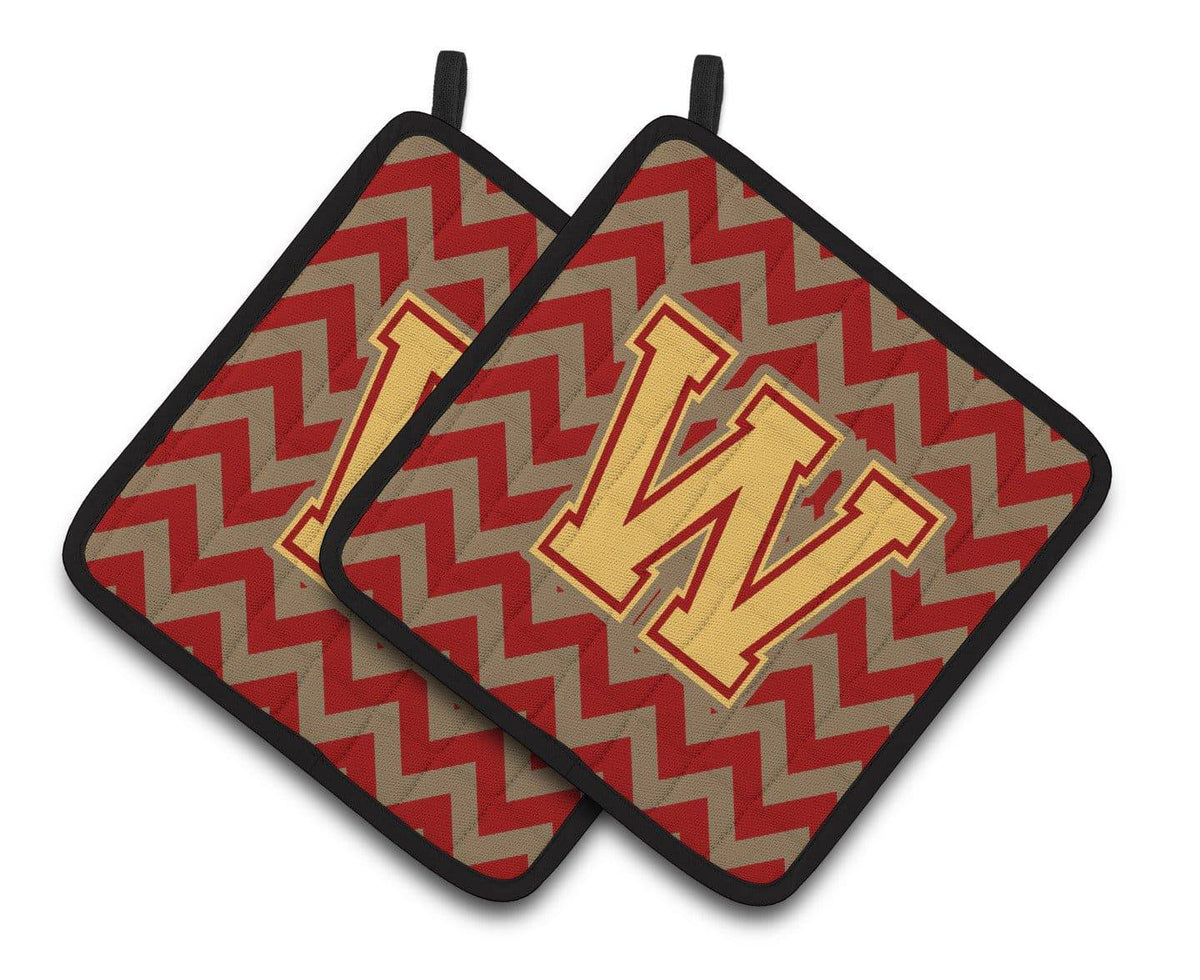 Letter W Chevron Garnet and Gold  Pair of Pot Holders CJ1048-WPTHD - the-store.com