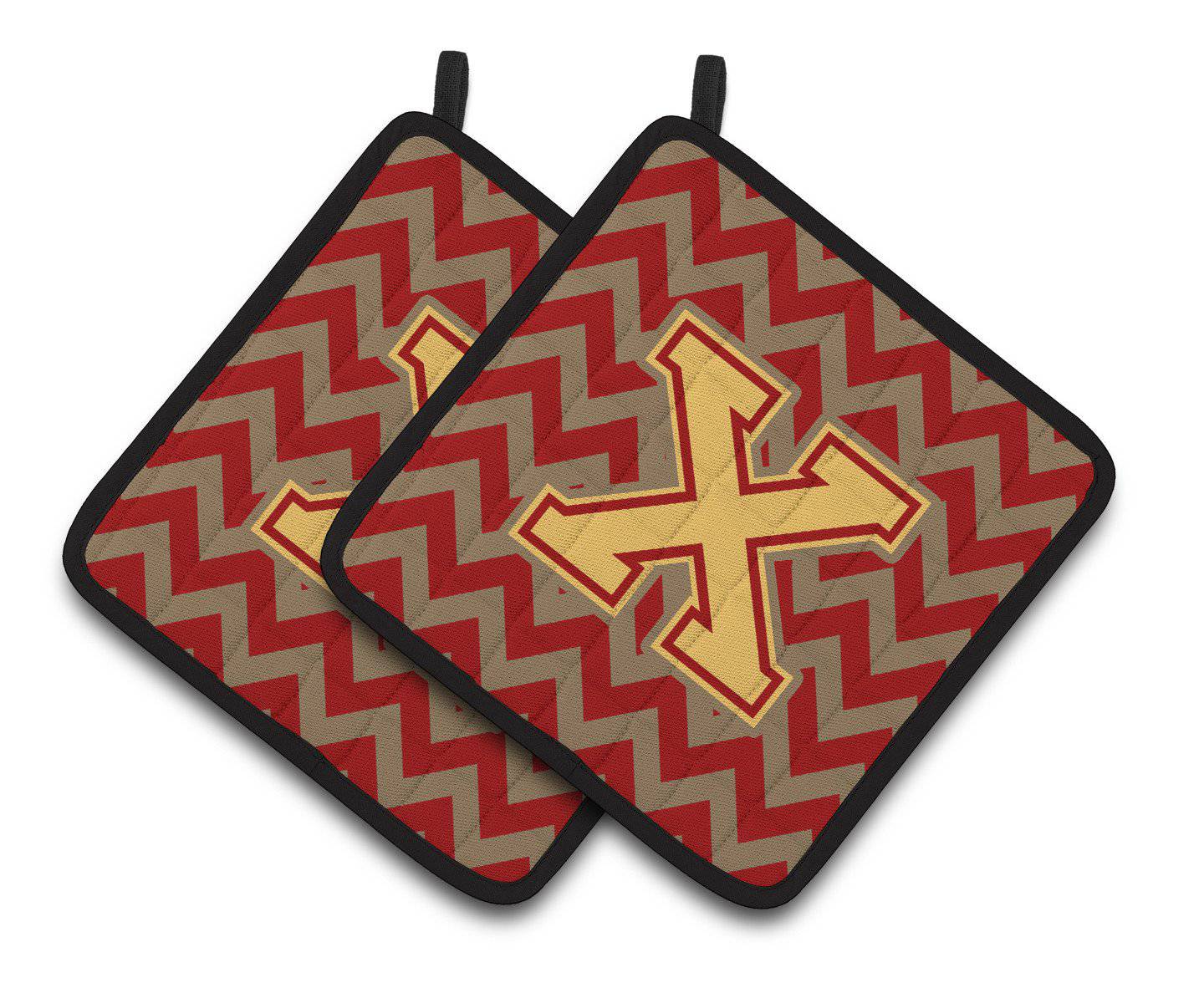 Letter X Chevron Garnet and Gold  Pair of Pot Holders CJ1048-XPTHD - the-store.com