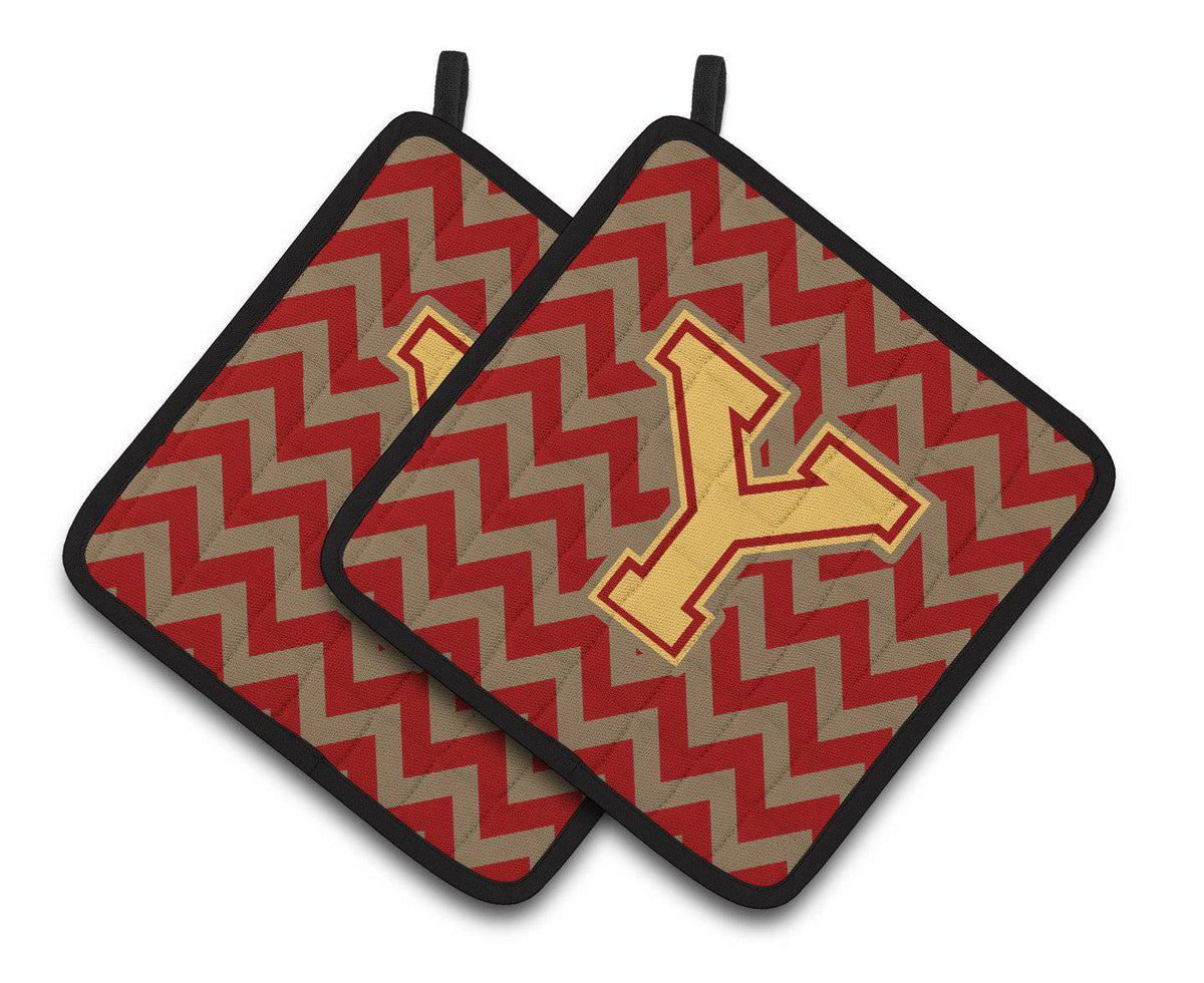 Letter Y Chevron Garnet and Gold  Pair of Pot Holders CJ1048-YPTHD - the-store.com