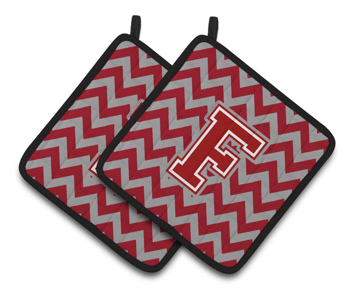 Letter F Chevron Maroon and White Pair of Pot Holders CJ1049-FPTHD - the-store.com