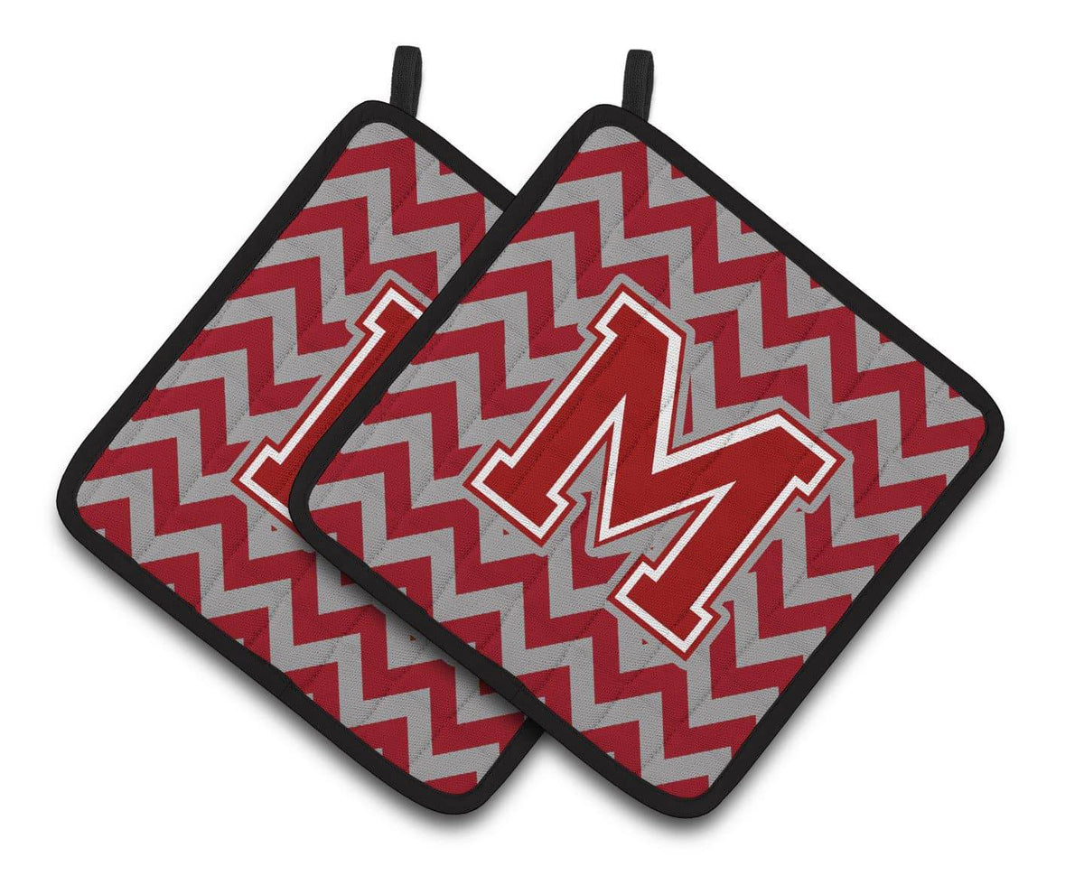Letter M Chevron Maroon and White Pair of Pot Holders CJ1049-MPTHD - the-store.com