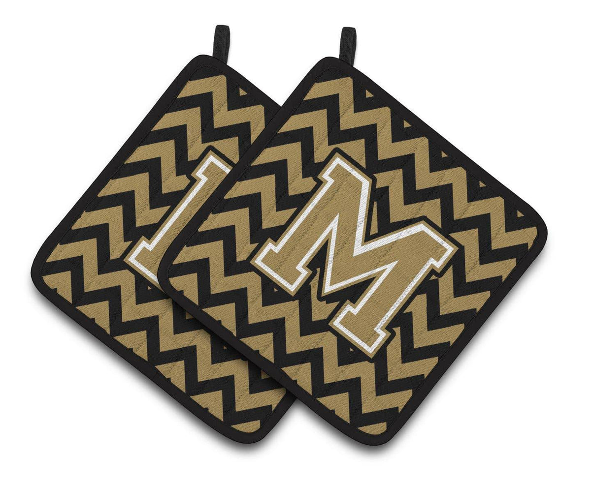 Letter M Chevron Black and Gold  Pair of Pot Holders CJ1050-MPTHD - the-store.com