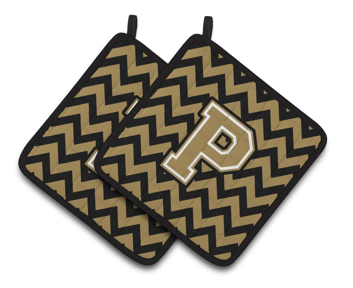 Letter P Chevron Black and Gold  Pair of Pot Holders CJ1050-PPTHD - the-store.com