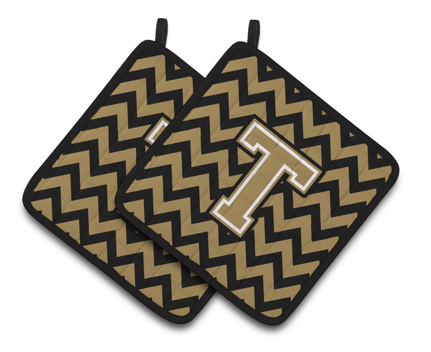 Letter T Chevron Black and Gold  Pair of Pot Holders CJ1050-TPTHD - the-store.com