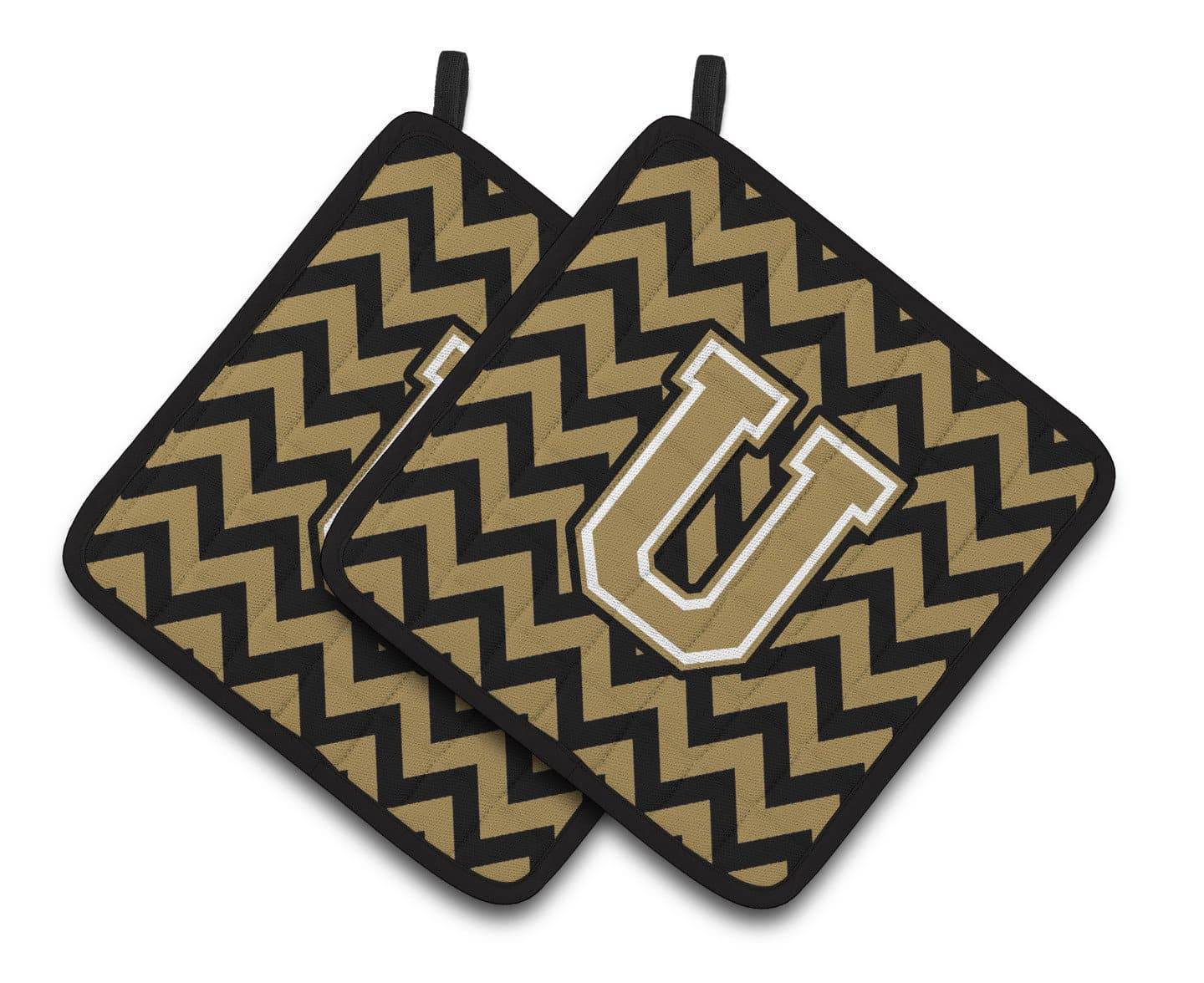 Letter U Chevron Black and Gold  Pair of Pot Holders CJ1050-UPTHD - the-store.com