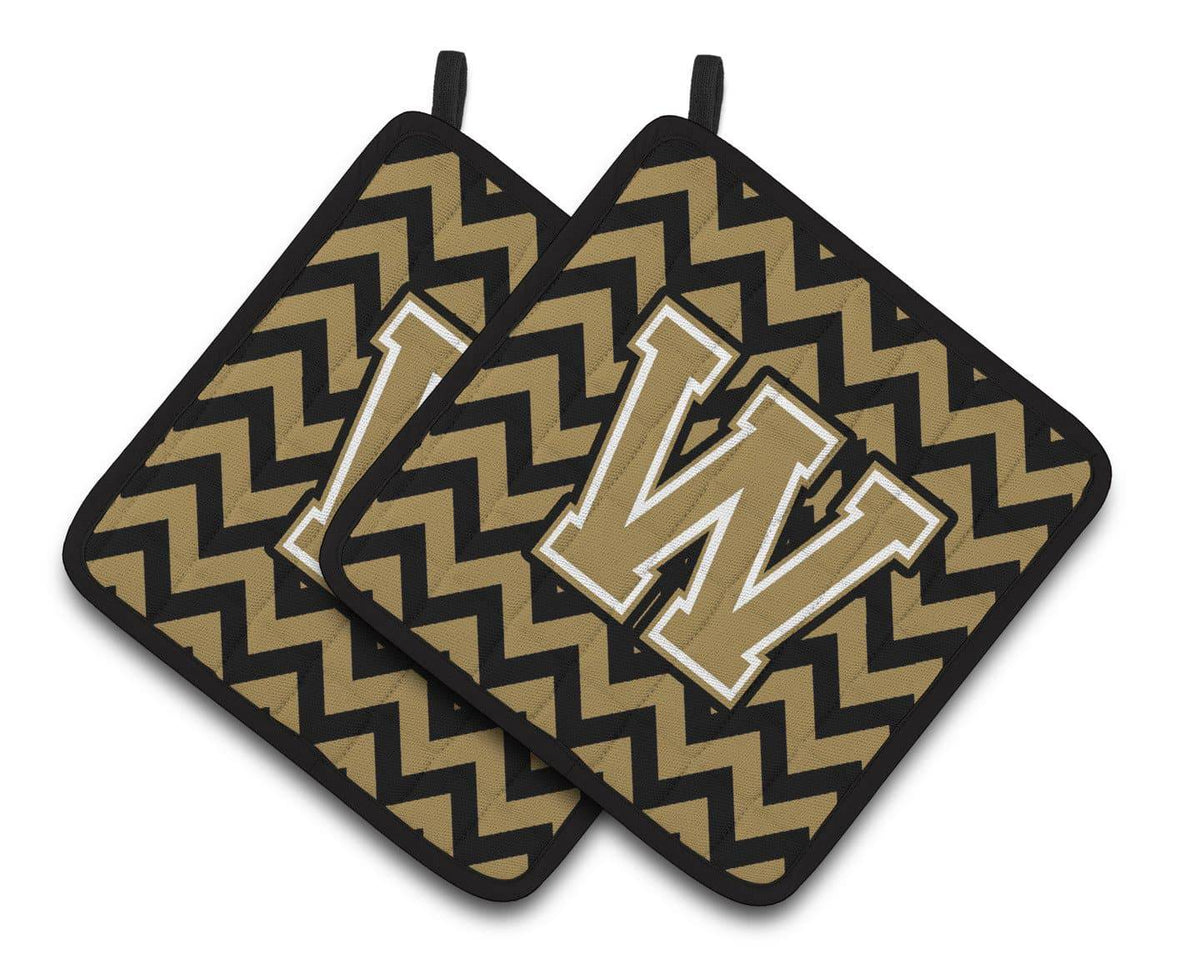 Letter W Chevron Black and Gold  Pair of Pot Holders CJ1050-WPTHD - the-store.com