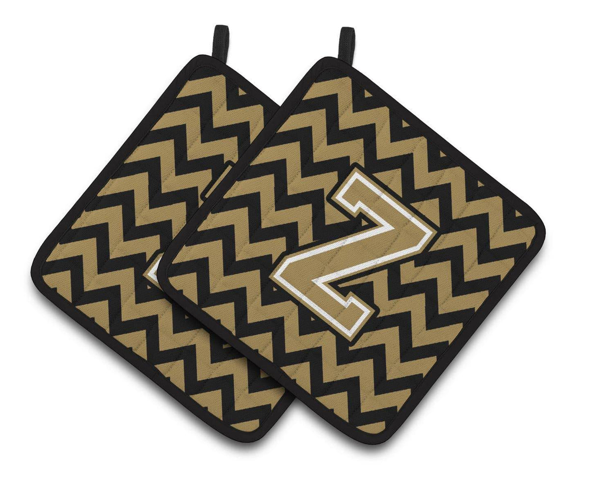 Letter Z Chevron Black and Gold  Pair of Pot Holders CJ1050-ZPTHD - the-store.com