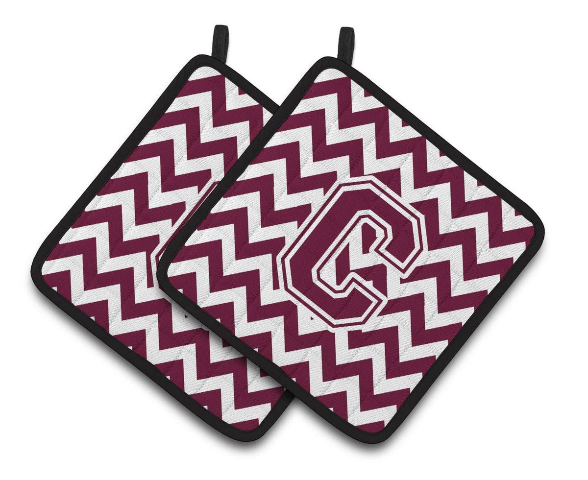Letter C Chevron Maroon and White  Pair of Pot Holders CJ1051-CPTHD - the-store.com