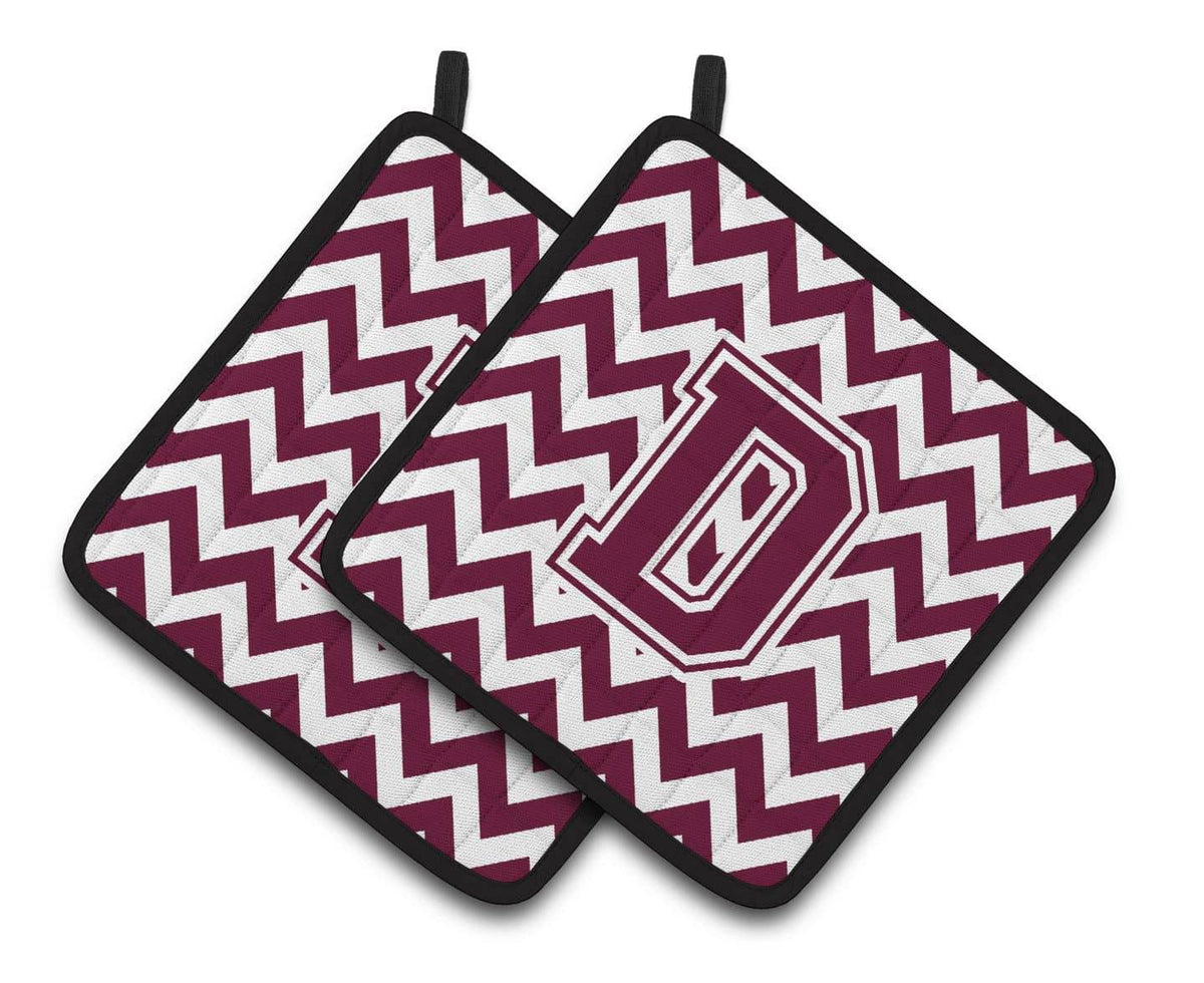 Letter D Chevron Maroon and White  Pair of Pot Holders CJ1051-DPTHD - the-store.com