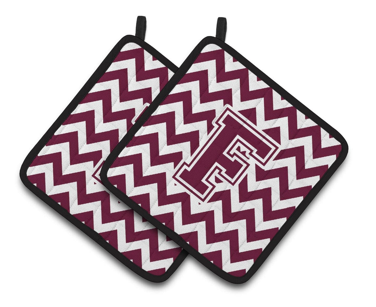 Letter F Chevron Maroon and White  Pair of Pot Holders CJ1051-FPTHD - the-store.com