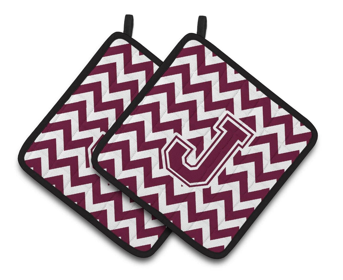 Letter J Chevron Maroon and White  Pair of Pot Holders CJ1051-JPTHD - the-store.com