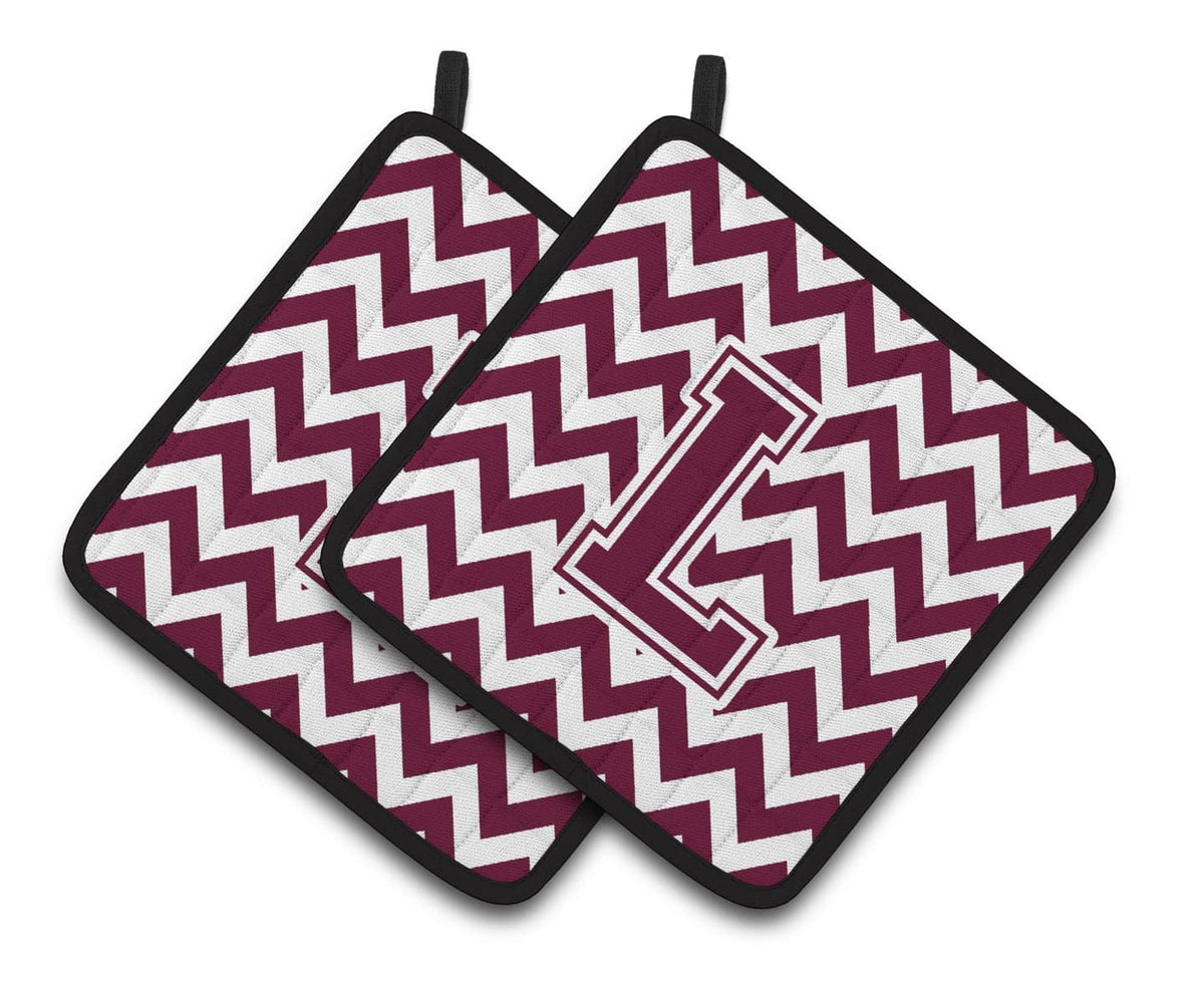 Letter L Chevron Maroon and White  Pair of Pot Holders CJ1051-LPTHD - the-store.com