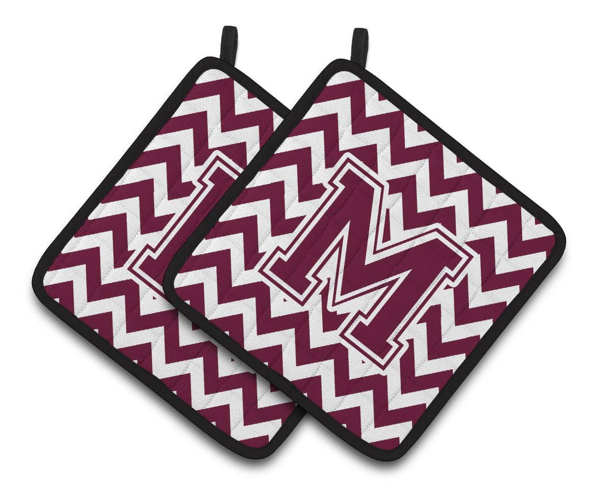Letter M Chevron Maroon and White  Pair of Pot Holders CJ1051-MPTHD - the-store.com