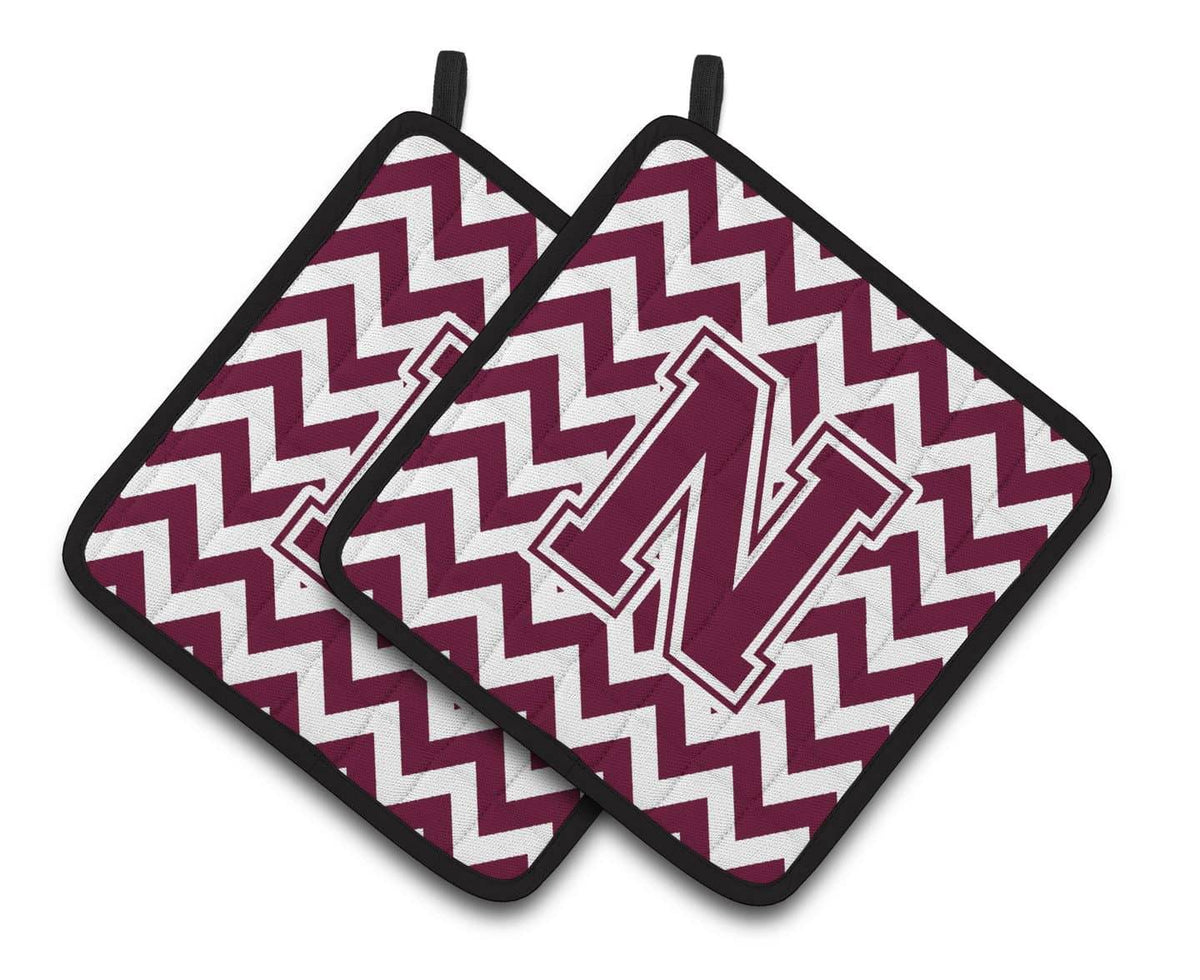 Letter N Chevron Maroon and White  Pair of Pot Holders CJ1051-NPTHD - the-store.com