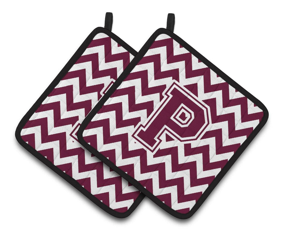 Letter P Chevron Maroon and White  Pair of Pot Holders CJ1051-PPTHD - the-store.com