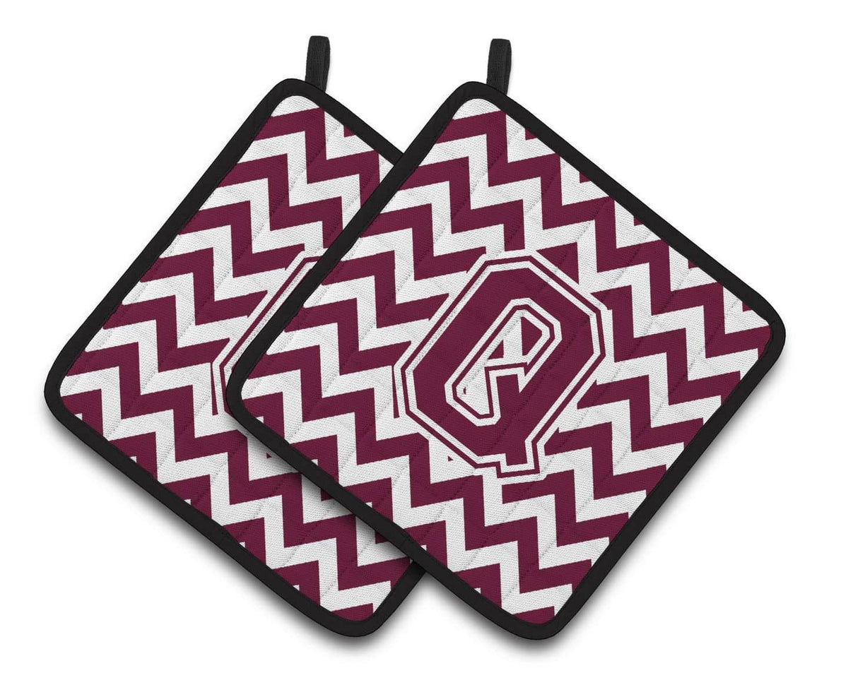 Letter Q Chevron Maroon and White  Pair of Pot Holders CJ1051-QPTHD - the-store.com