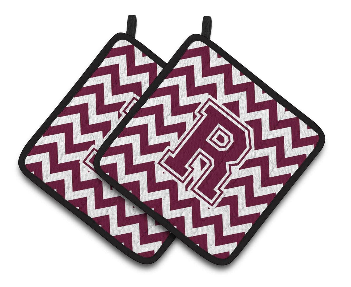 Letter R Chevron Maroon and White  Pair of Pot Holders CJ1051-RPTHD - the-store.com