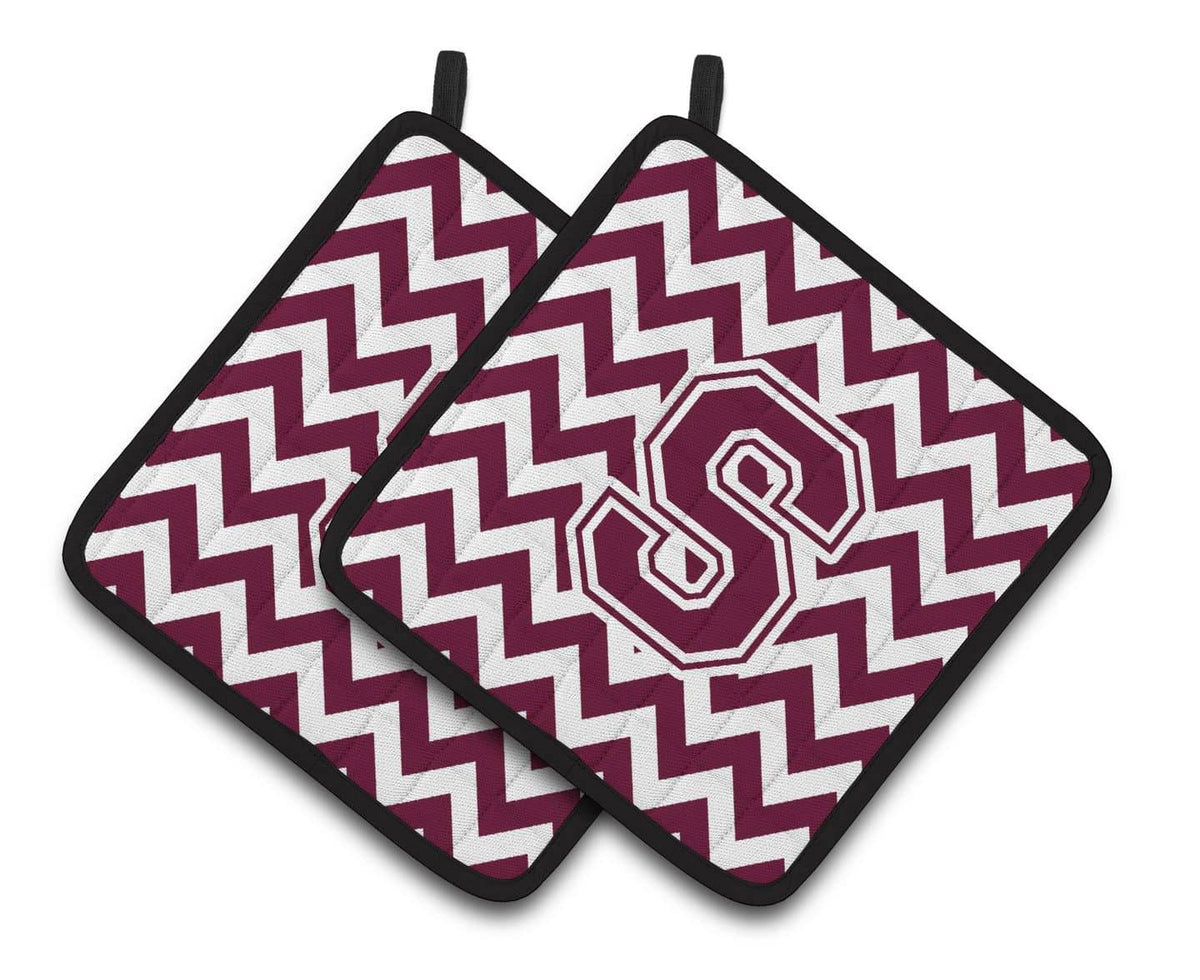 Letter S Chevron Maroon and White  Pair of Pot Holders CJ1051-SPTHD - the-store.com