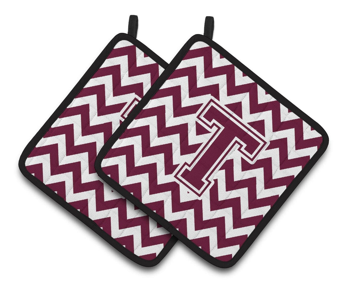 Letter T Chevron Maroon and White  Pair of Pot Holders CJ1051-TPTHD - the-store.com