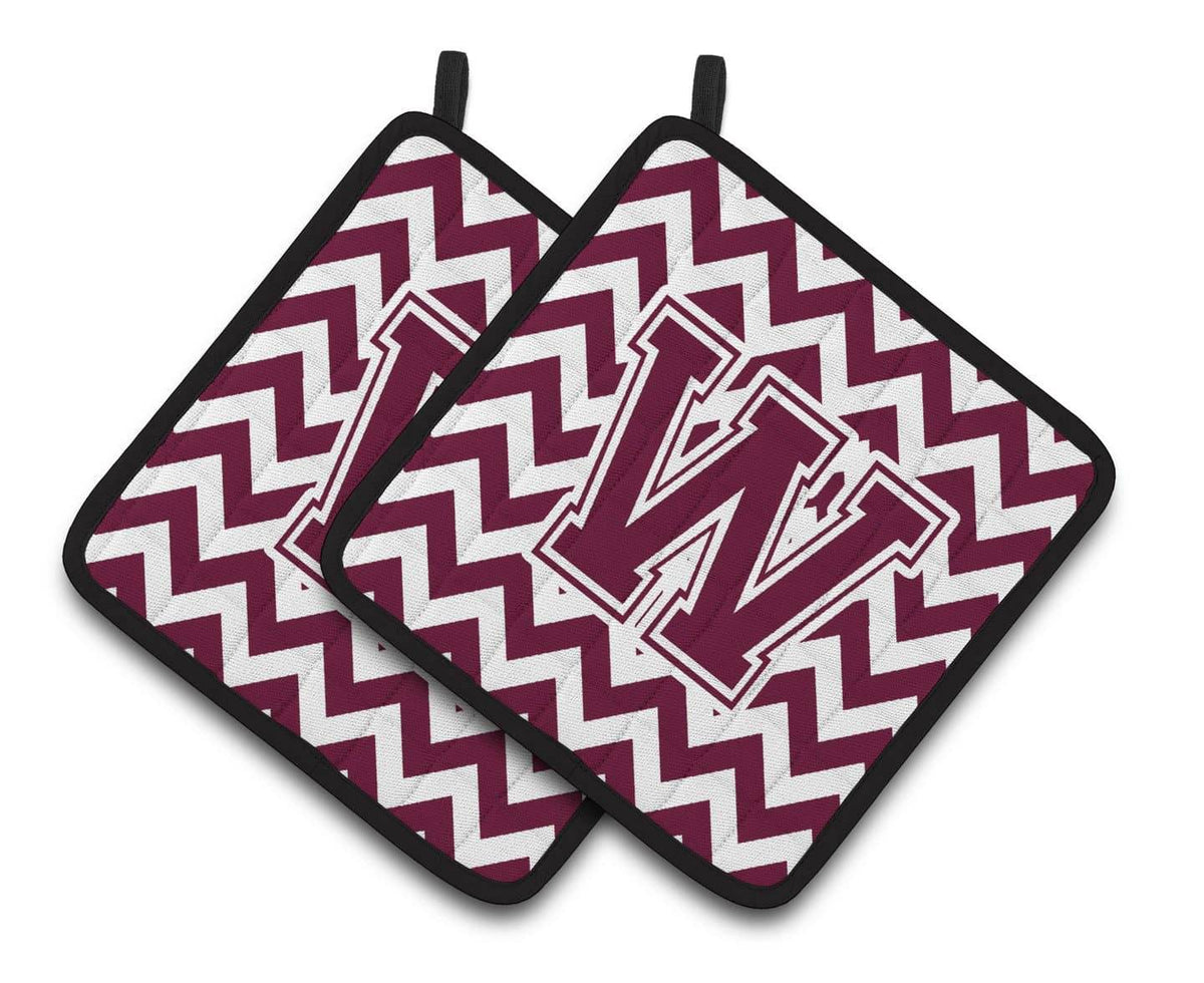 Letter W Chevron Maroon and White  Pair of Pot Holders CJ1051-WPTHD - the-store.com