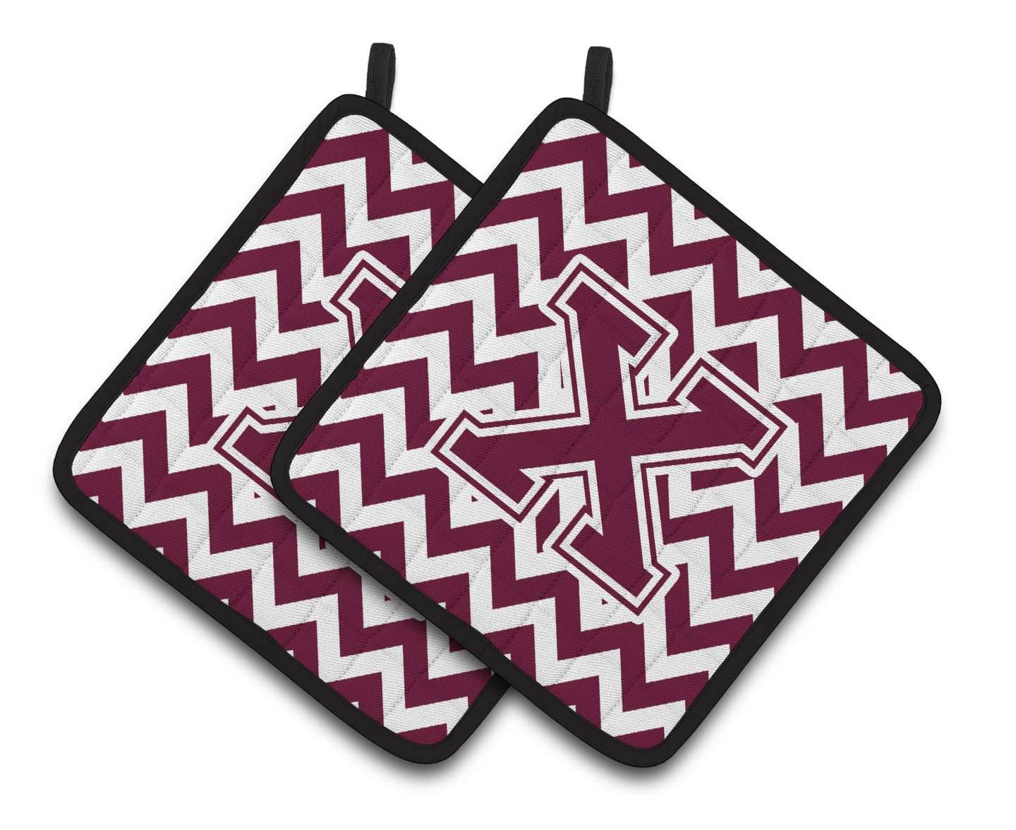 Letter X Chevron Maroon and White  Pair of Pot Holders CJ1051-XPTHD - the-store.com