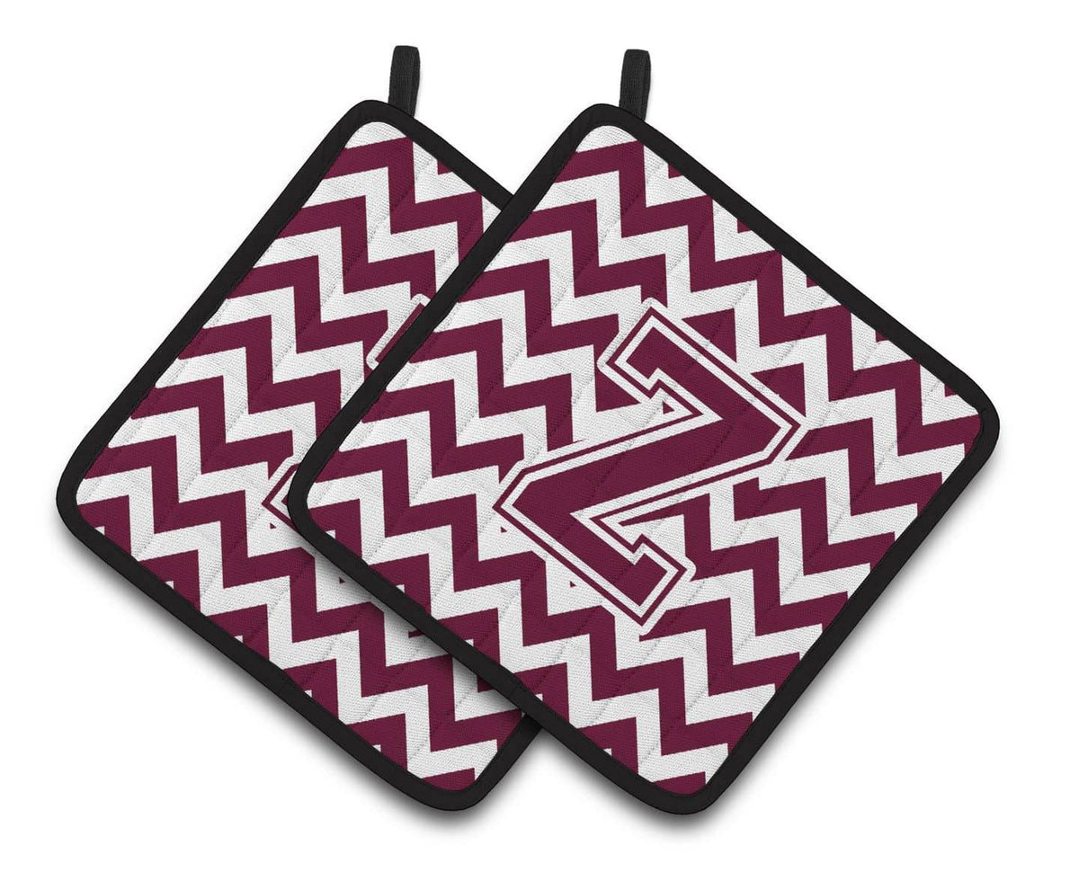 Letter Z Chevron Maroon and White  Pair of Pot Holders CJ1051-ZPTHD - the-store.com