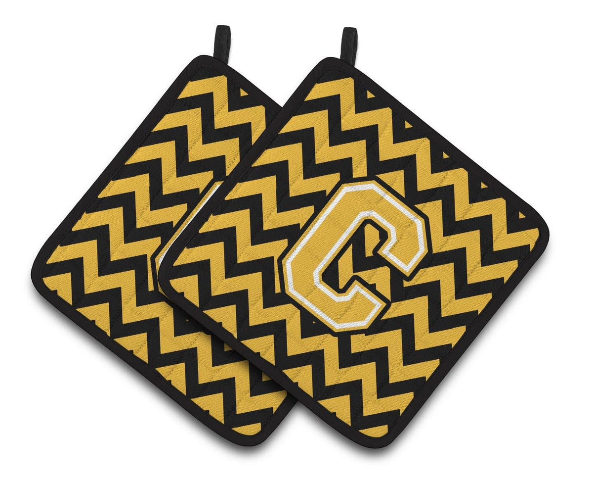 Letter C Chevron Black and Gold Pair of Pot Holders CJ1053-CPTHD - the-store.com
