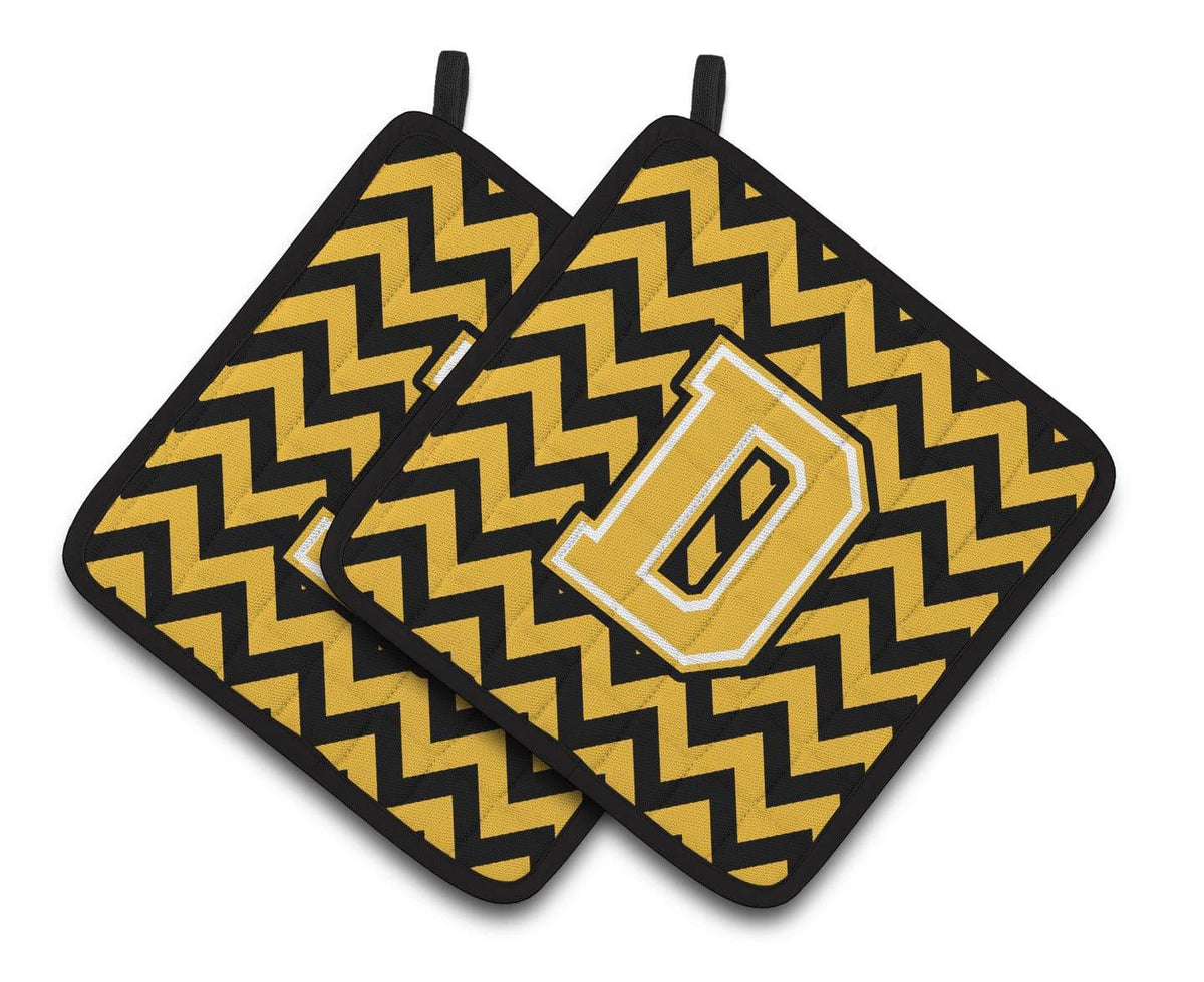 Letter D Chevron Black and Gold Pair of Pot Holders CJ1053-DPTHD - the-store.com