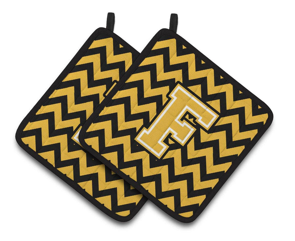 Letter F Chevron Black and Gold Pair of Pot Holders CJ1053-FPTHD - the-store.com