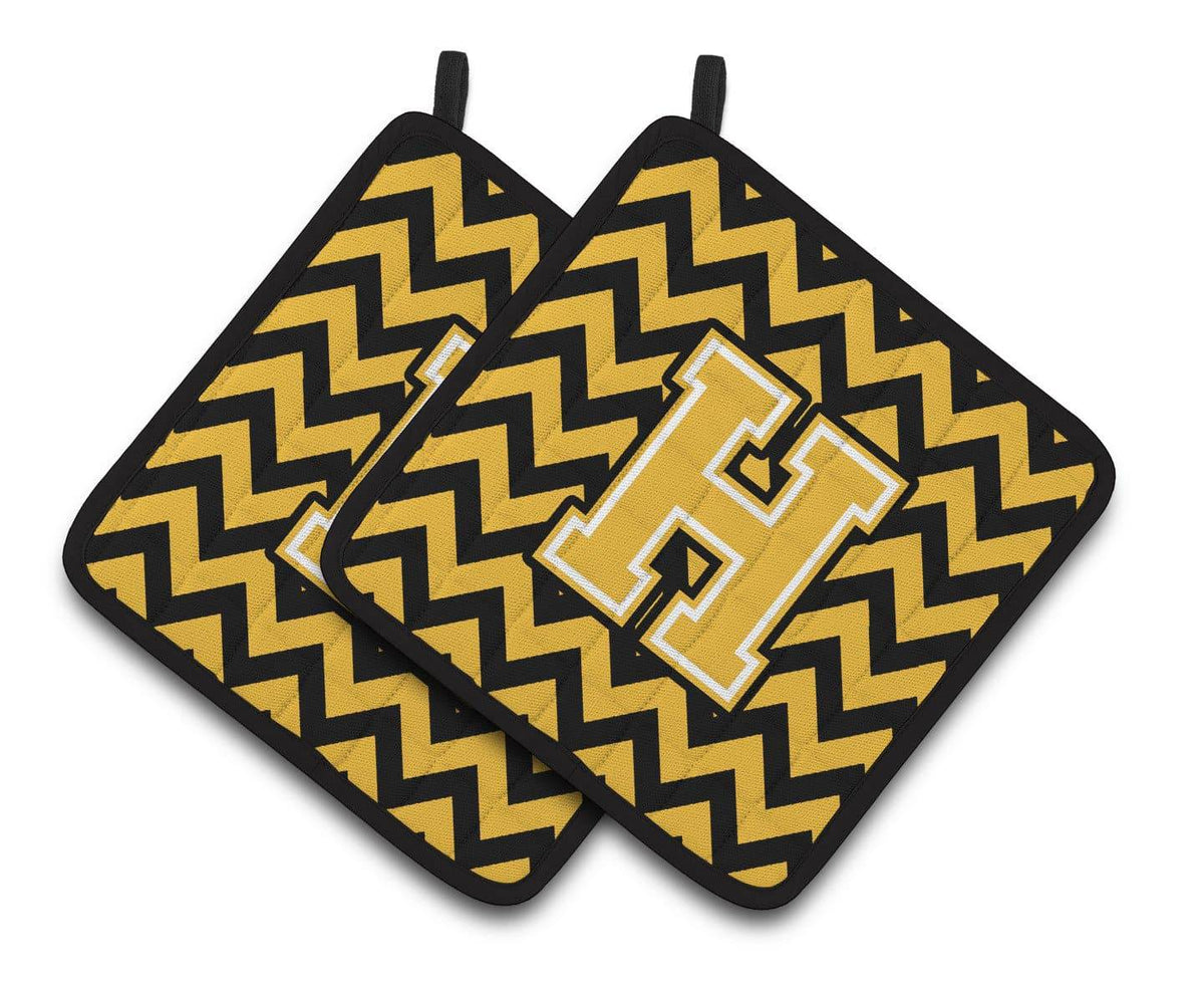 Letter H Chevron Black and Gold Pair of Pot Holders CJ1053-HPTHD - the-store.com