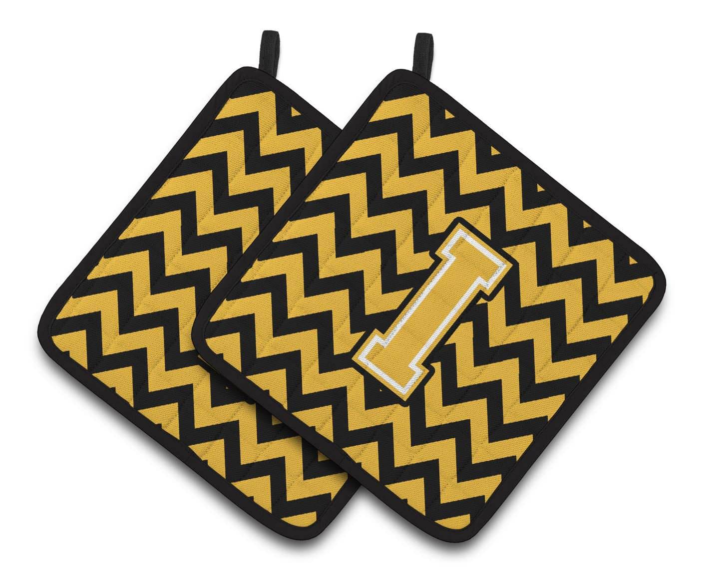 Letter I Chevron Black and Gold Pair of Pot Holders CJ1053-IPTHD - the-store.com