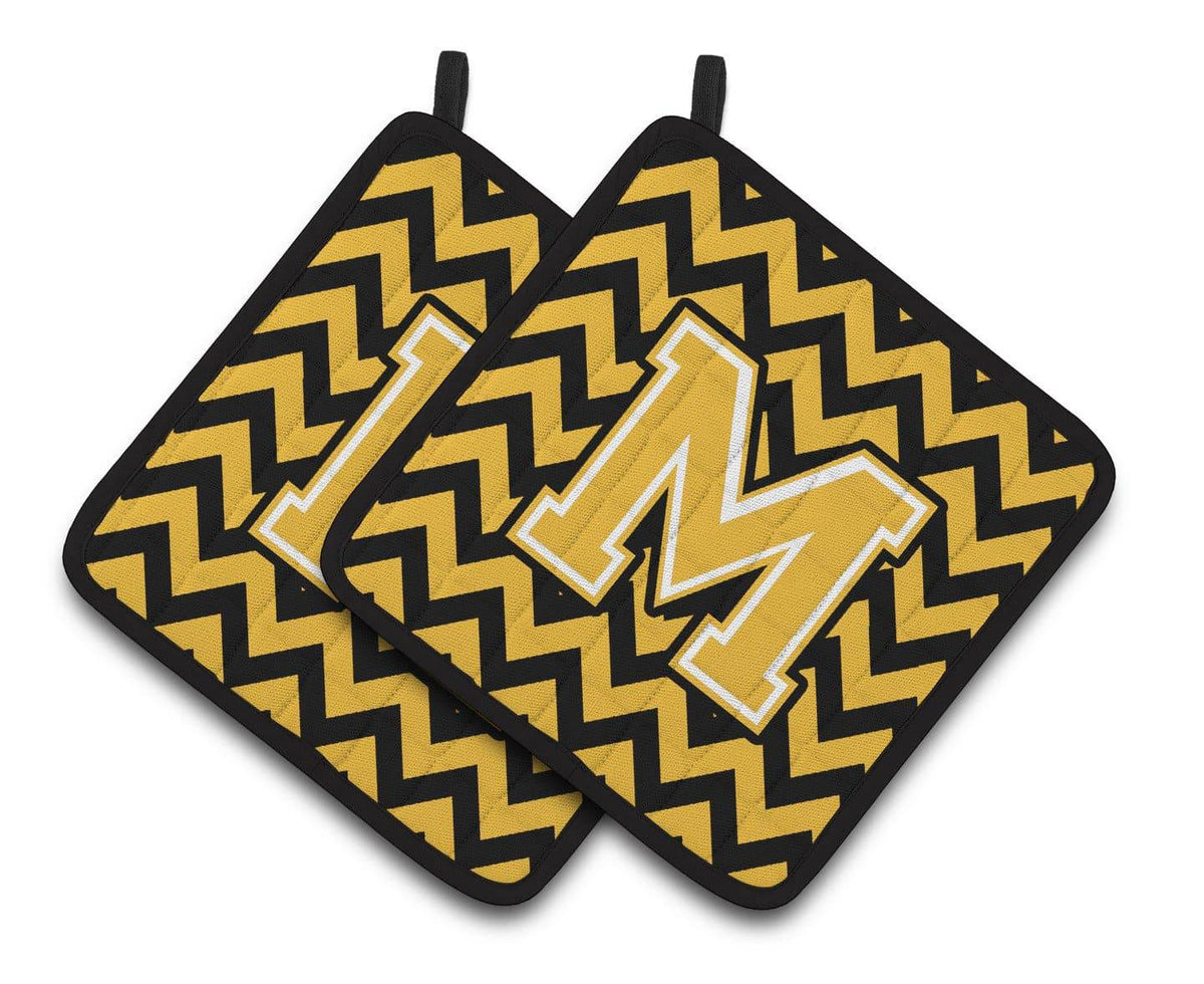 Letter M Chevron Black and Gold Pair of Pot Holders CJ1053-MPTHD - the-store.com