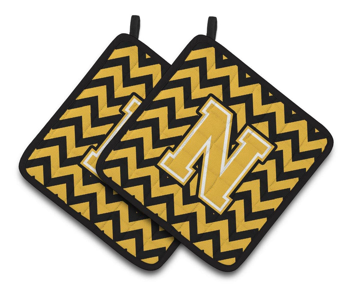 Letter N Chevron Black and Gold Pair of Pot Holders CJ1053-NPTHD - the-store.com