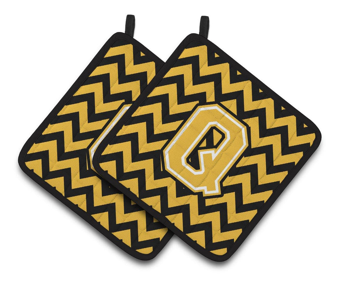 Letter Q Chevron Black and Gold Pair of Pot Holders CJ1053-QPTHD - the-store.com