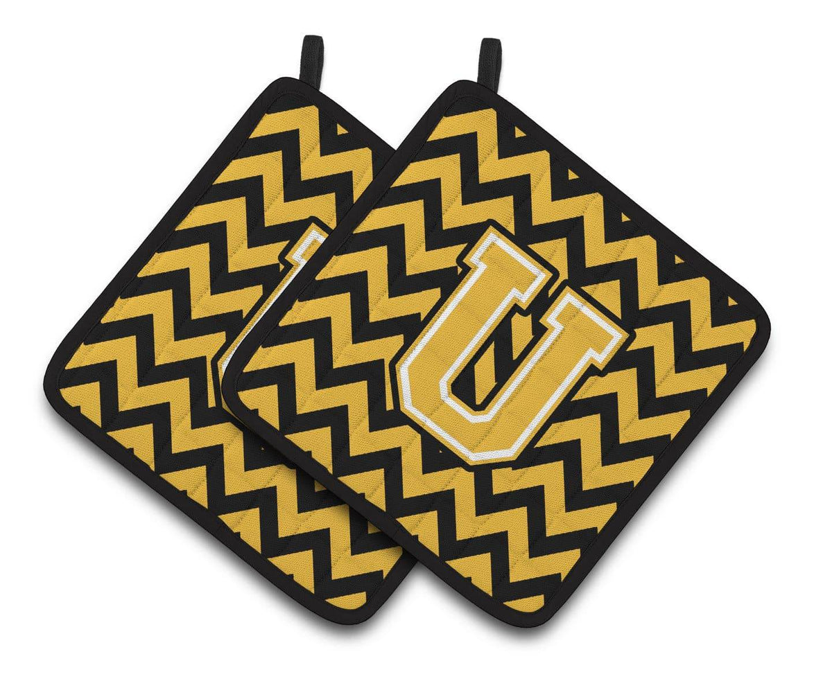 Letter U Chevron Black and Gold Pair of Pot Holders CJ1053-UPTHD - the-store.com