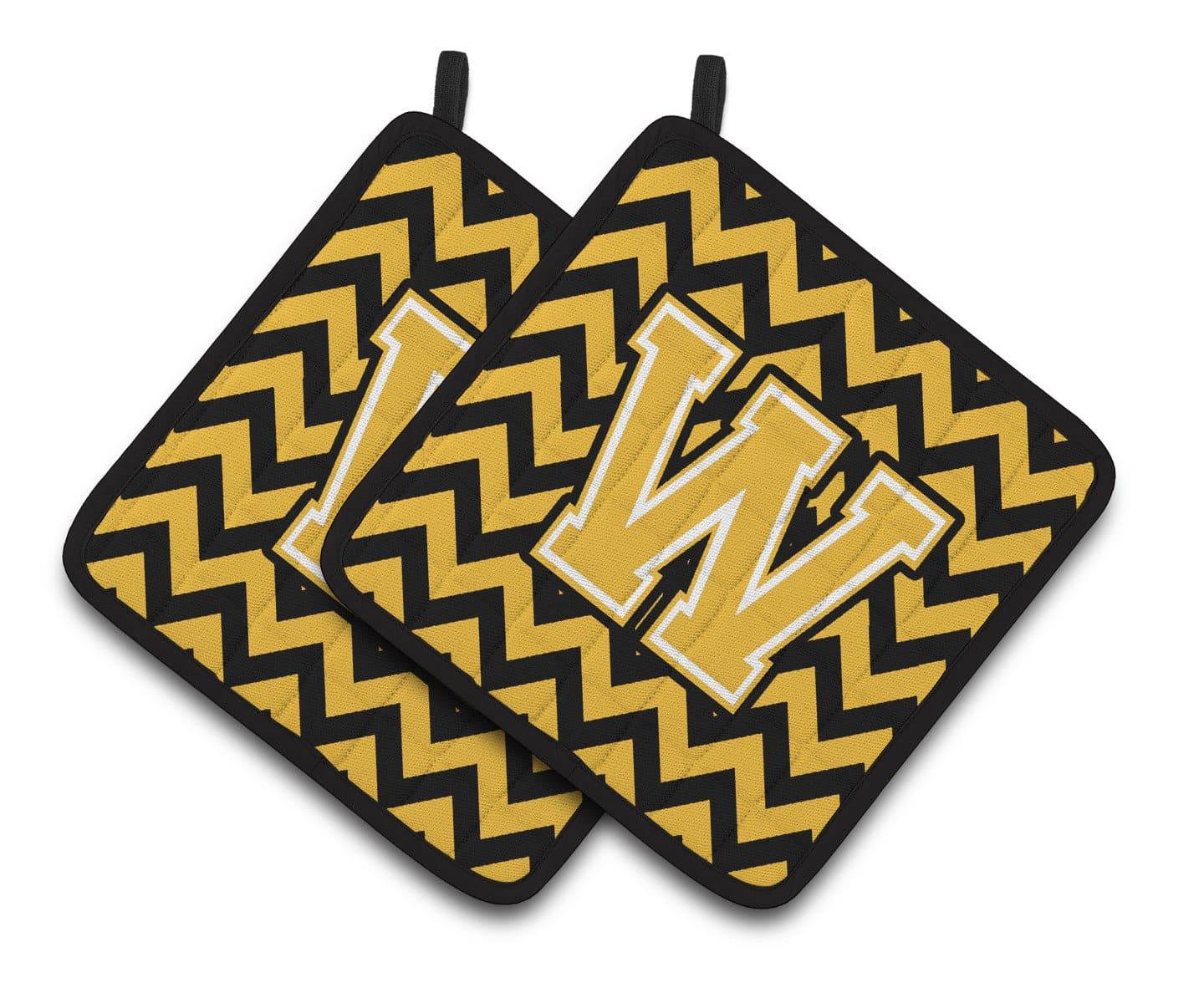 Letter W Chevron Black and Gold Pair of Pot Holders CJ1053-WPTHD - the-store.com