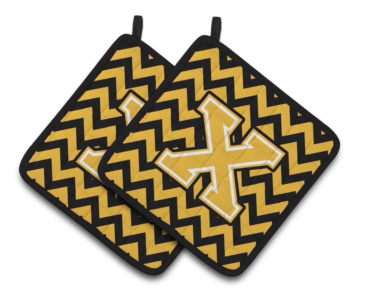 Letter X Chevron Black and Gold Pair of Pot Holders CJ1053-XPTHD - the-store.com