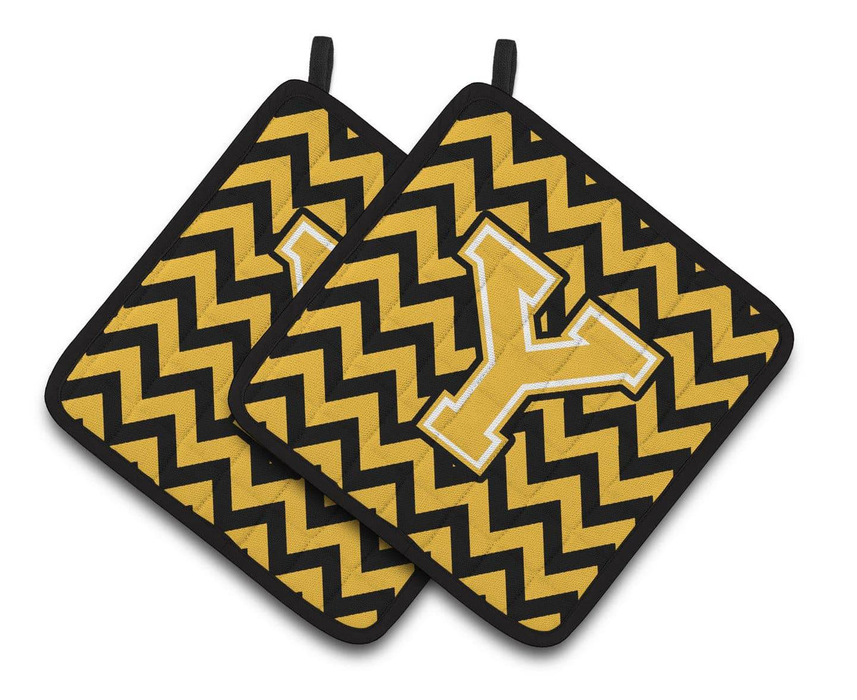 Letter Y Chevron Black and Gold Pair of Pot Holders CJ1053-YPTHD - the-store.com