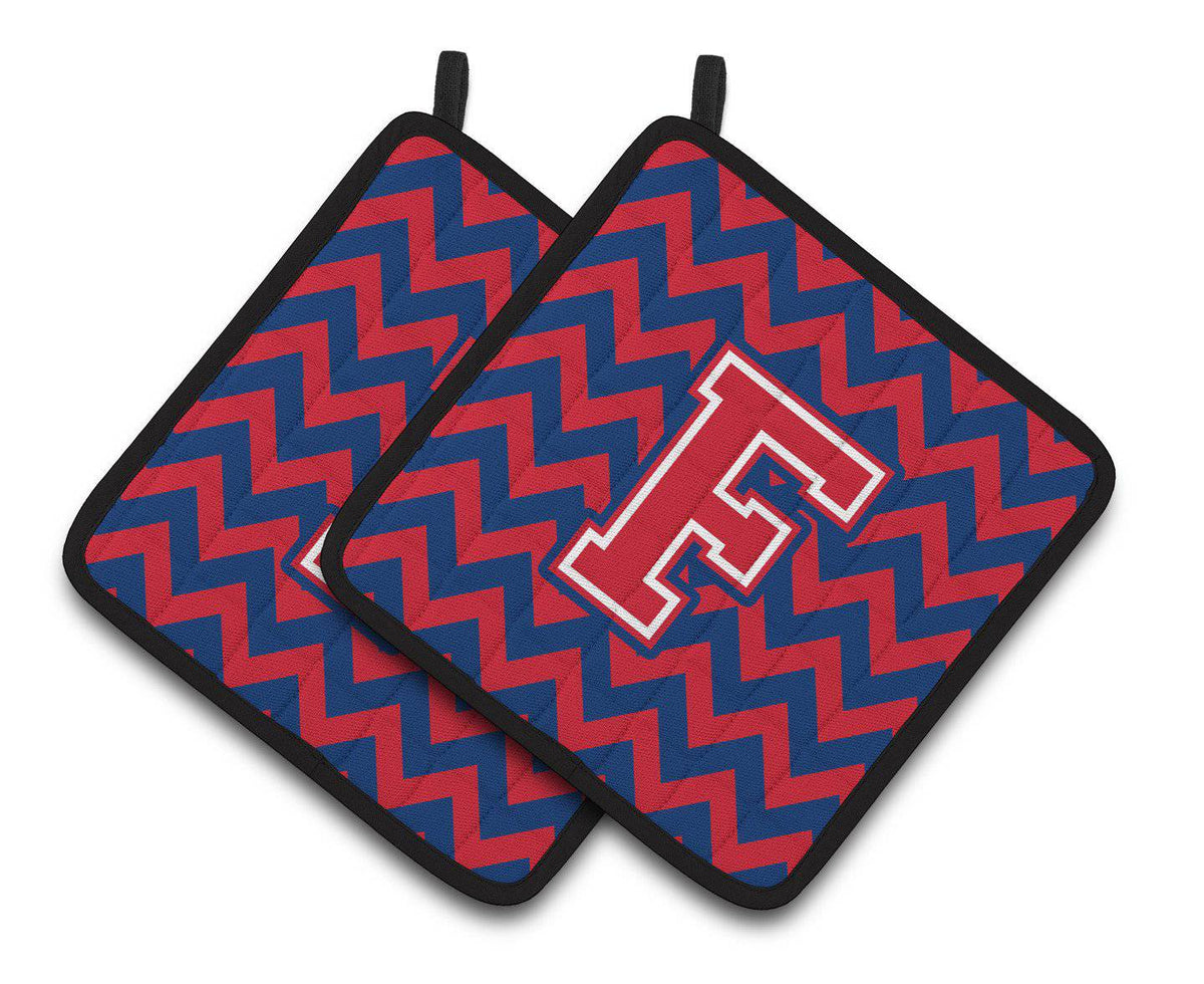 Letter F Chevron Yale Blue and Crimson Pair of Pot Holders CJ1054-FPTHD - the-store.com