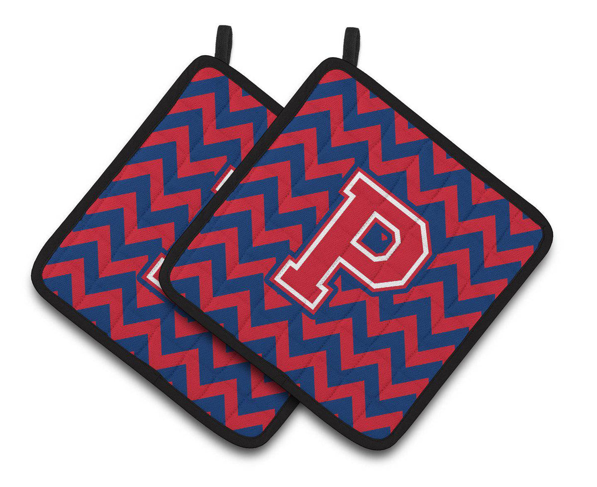 Letter P Chevron Yale Blue and Crimson Pair of Pot Holders CJ1054-PPTHD - the-store.com