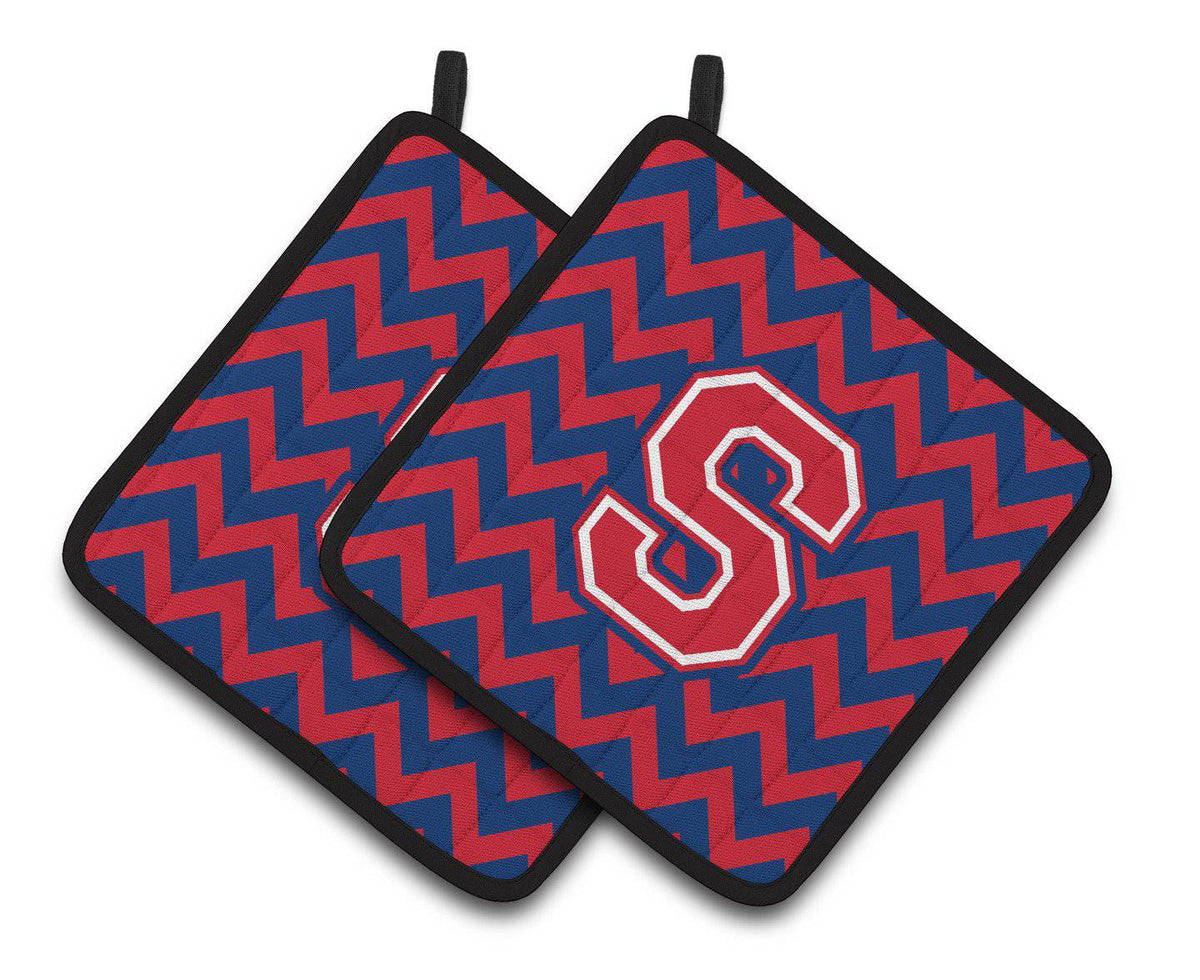 Letter S Chevron Yale Blue and Crimson Pair of Pot Holders CJ1054-SPTHD - the-store.com