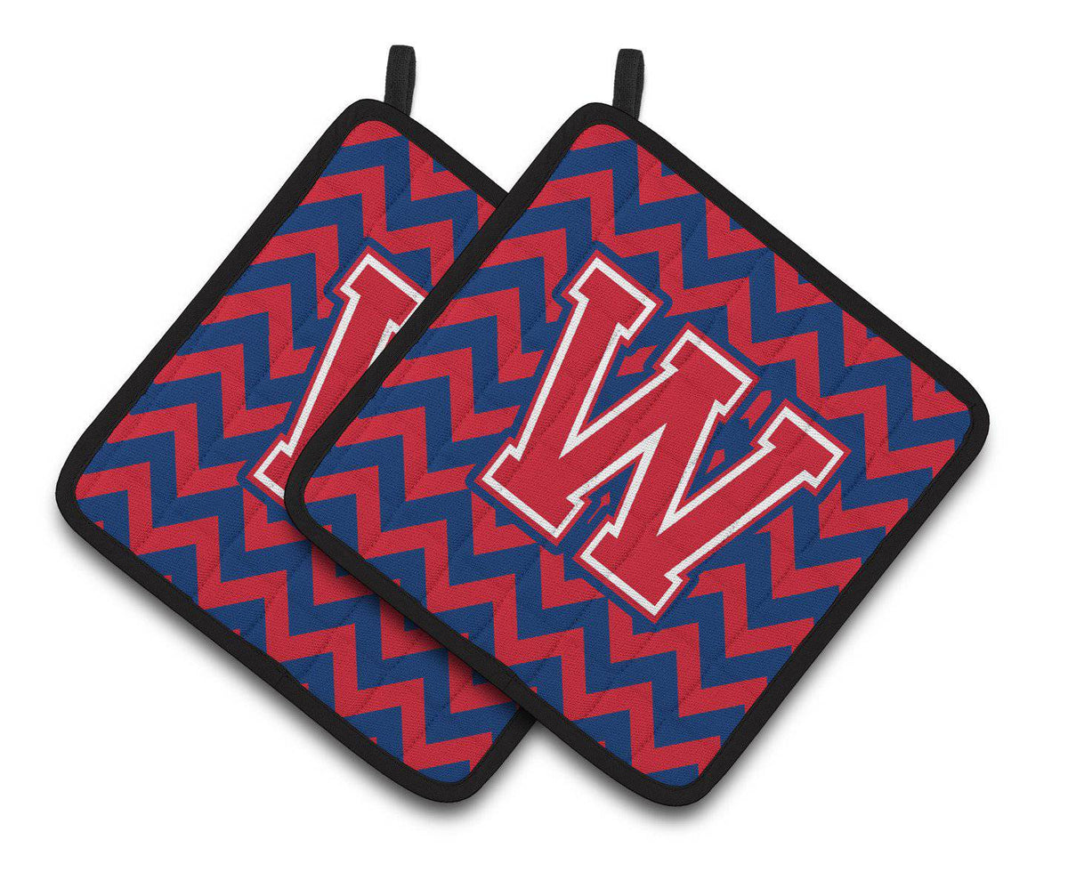 Letter W Chevron Yale Blue and Crimson Pair of Pot Holders CJ1054-WPTHD - the-store.com