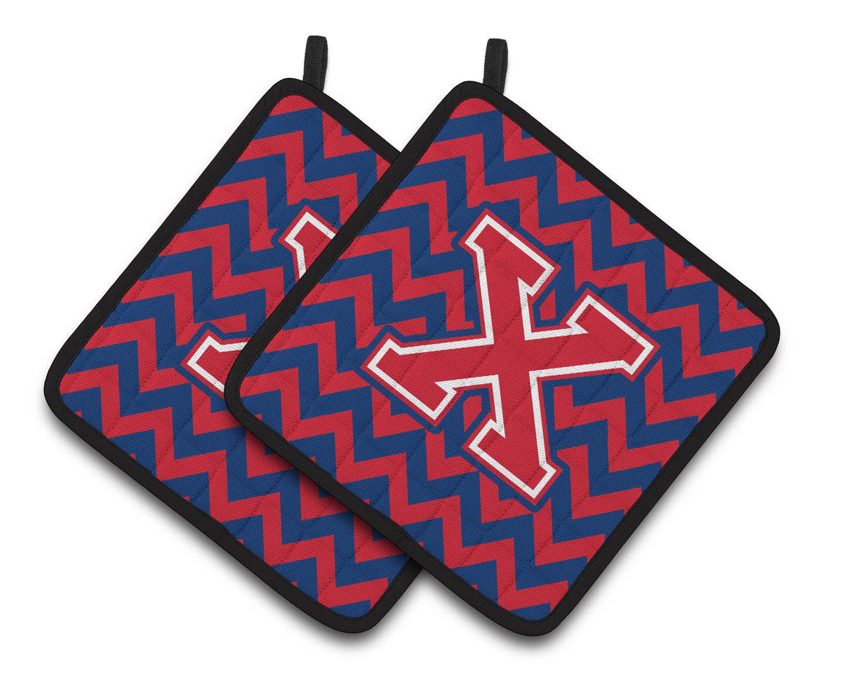 Letter X Chevron Yale Blue and Crimson Pair of Pot Holders CJ1054-XPTHD - the-store.com