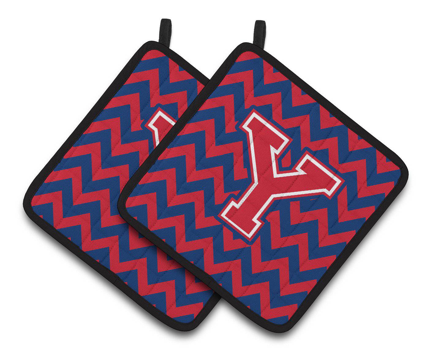 Letter Y Chevron Yale Blue and Crimson Pair of Pot Holders CJ1054-YPTHD - the-store.com
