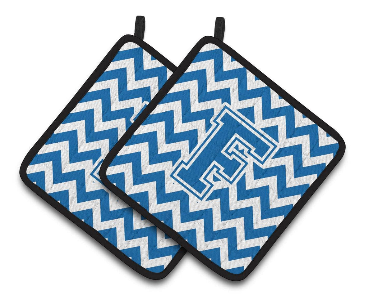 Letter F Chevron Blue and White Pair of Pot Holders CJ1056-FPTHD - the-store.com