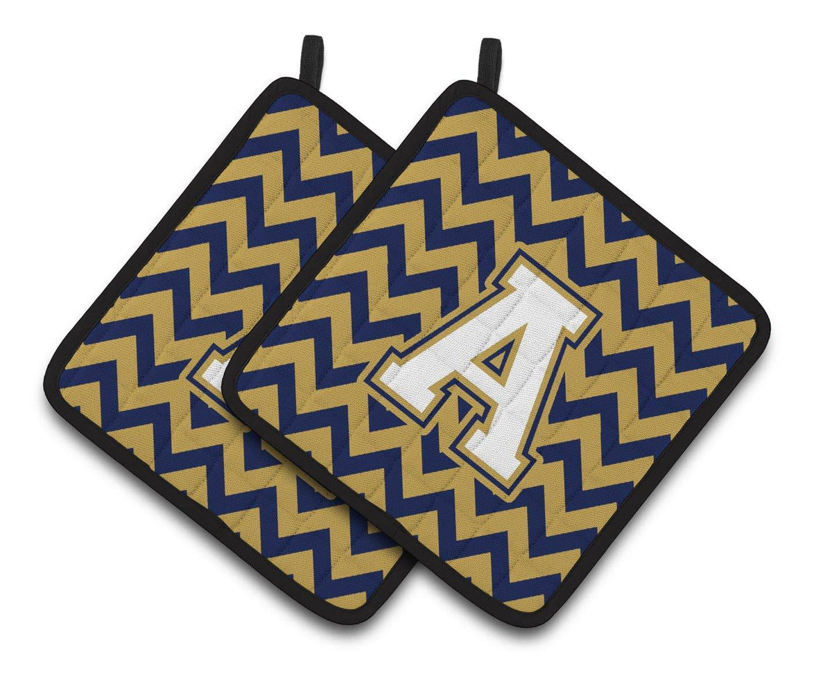 Letter A Chevron Navy Blue and Gold Pair of Pot Holders CJ1057-APTHD - the-store.com