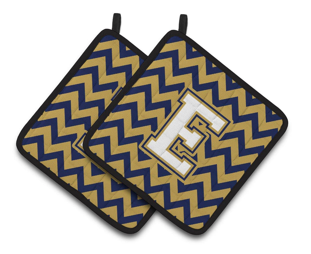 Letter E Chevron Navy Blue and Gold Pair of Pot Holders CJ1057-EPTHD - the-store.com