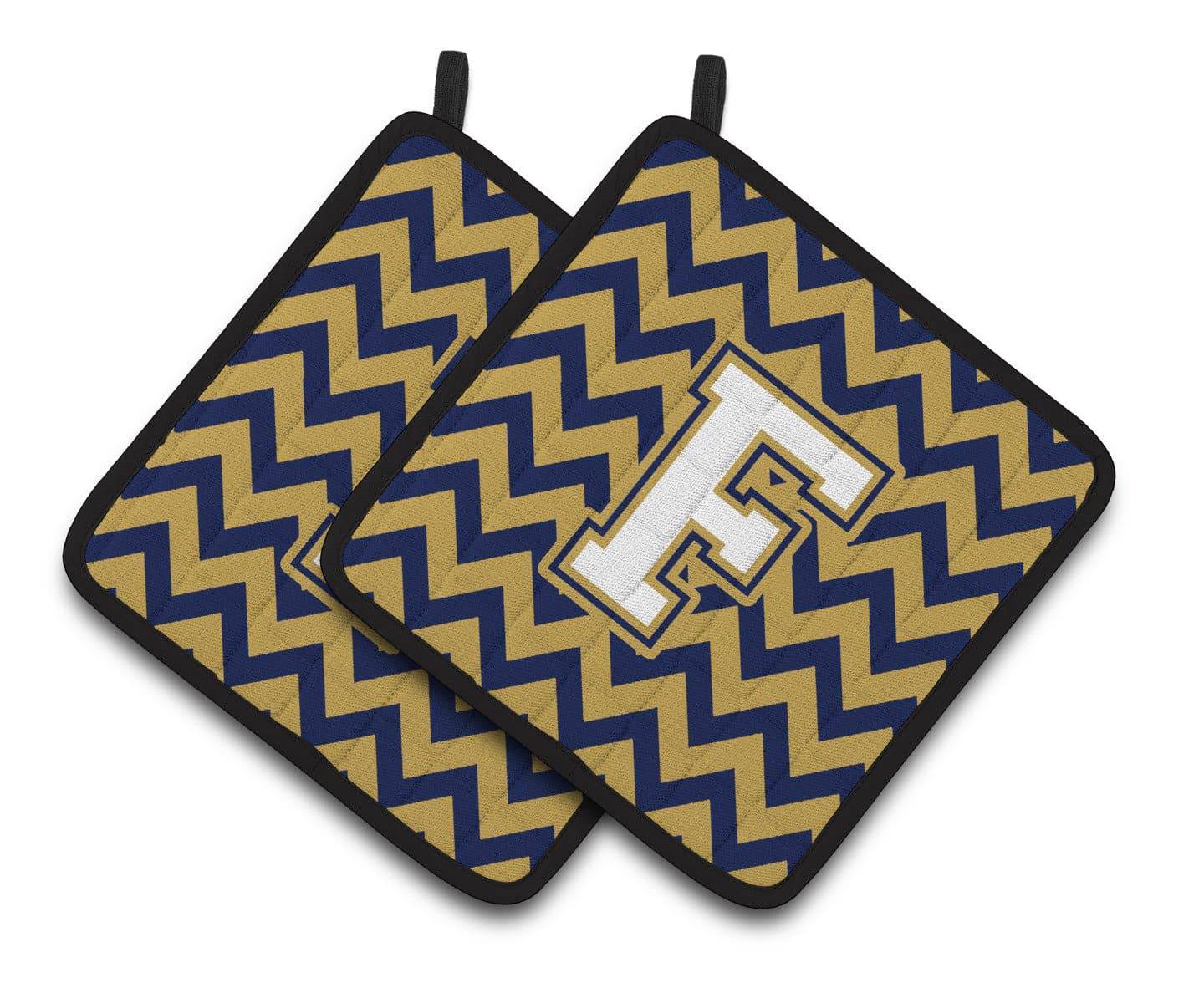 Letter F Chevron Navy Blue and Gold Pair of Pot Holders CJ1057-FPTHD - the-store.com