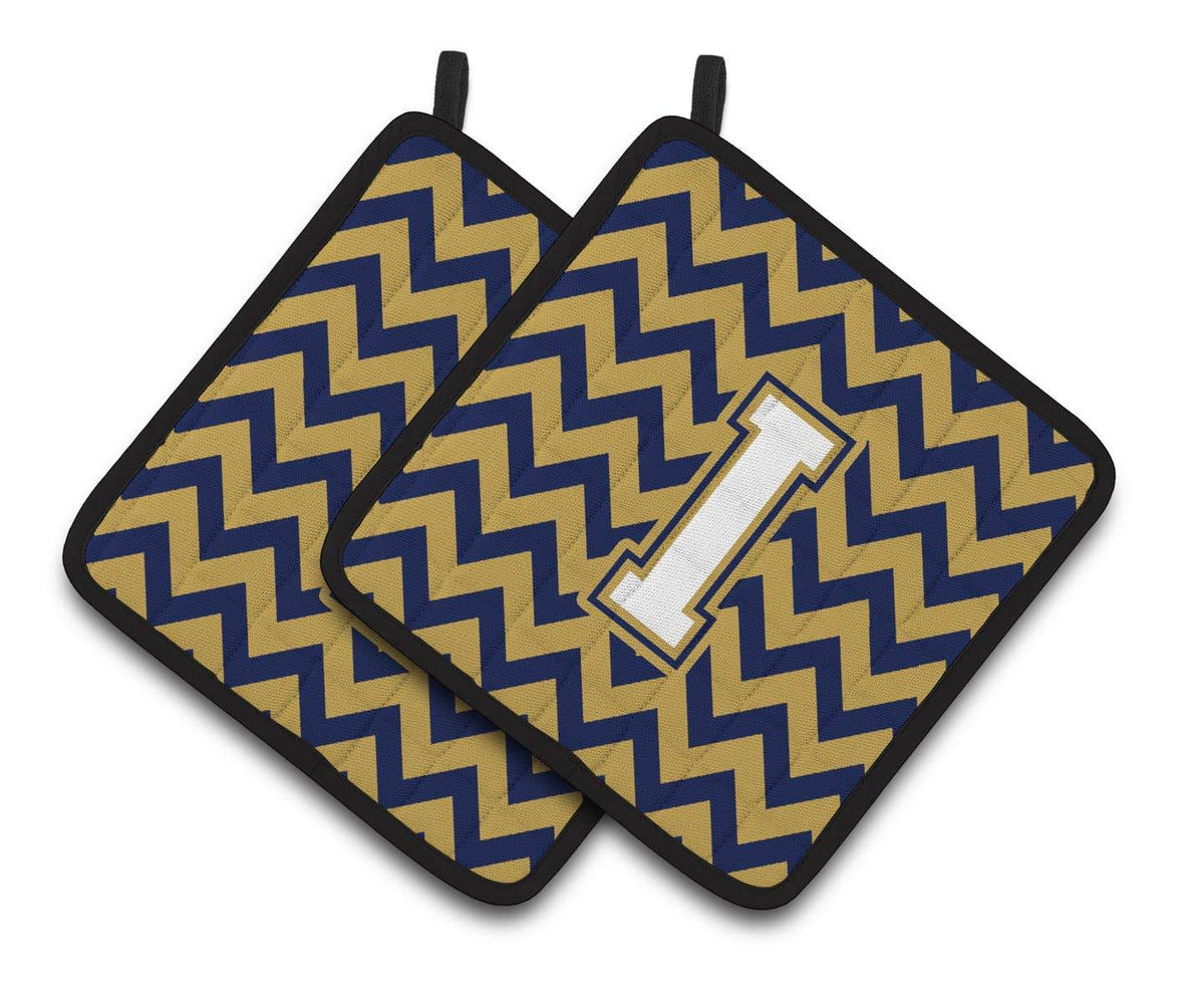 Letter I Chevron Navy Blue and Gold Pair of Pot Holders CJ1057-IPTHD - the-store.com