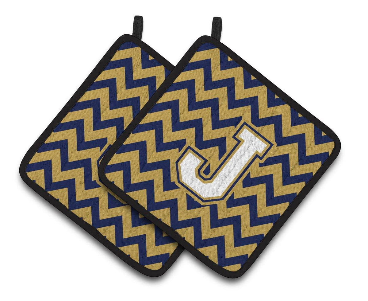 Letter J Chevron Navy Blue and Gold Pair of Pot Holders CJ1057-JPTHD - the-store.com